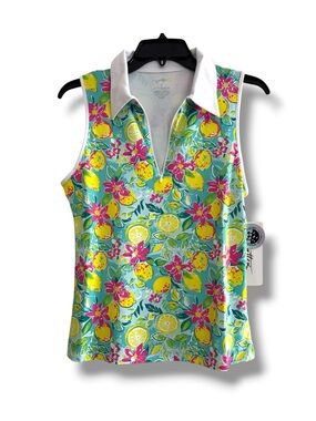 Gottex Sleeveless Collared Tank Lemon Floral Print  Zip Neck